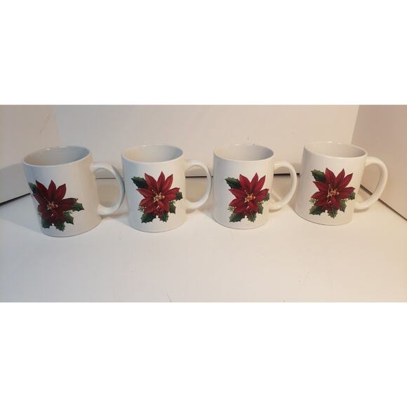 Set of 4 Poinsettia Coffee Mugs Holiday Christmas Floral White Red Green - Picture 2 of 14